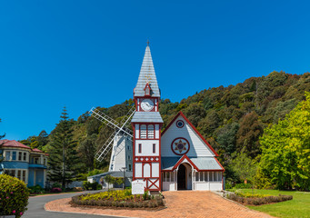 Fototapeta na wymiar Wooden Church in Founders Park, New Zealand. Copy space for text.