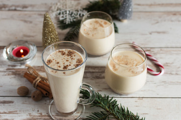 Fresh eggnog with cinnamon and nutmeg for christmas holiday.