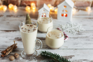 Fresh eggnog with cinnamon and nutmeg for christmas holiday.