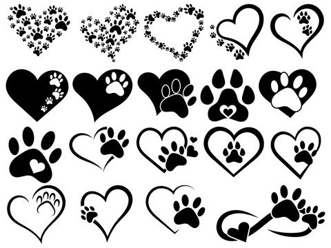 Set of hearts with the paws of dogs and cats. Collection of black and white logos with footprints of pets. Vector illustration of hearts symbolizing love for animals. Tattoo.
