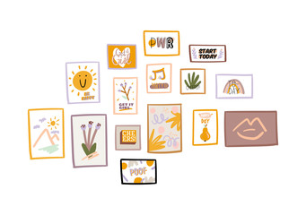 Stylish Scandic living room interior - sofa, armchair, coffee table, plants in pots, lamp, home decorations. Cozy Autumn season. Modern comfy apartment furnished in Hygge style. Vector illustration