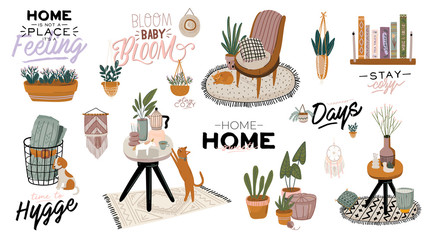 Stylish Scandic living room interior - sofa, armchair, coffee table, plants in pots, lamp, home decorations. Cozy Autumn season. Modern comfy apartment furnished in Hygge style. Vector illustration