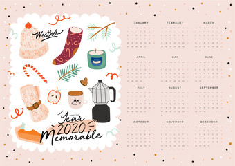Wall calendar. 2020 Yearly Planner with all Months. Good school Organizer and Schedule. Cute cozy home background. Motivational quote lettering. Flat vector illustration in trendy style