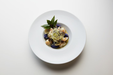 monkfish and clam chowder with bean sprouts purple potatoes