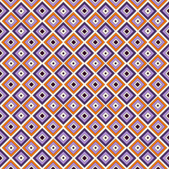 Seamless surface pattern in Halloween traditional colors with square ornament. Repeated bright diamonds background.