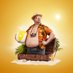 Ready for the holidays, travel concept. Funny overweight man standing out of the suitcase
