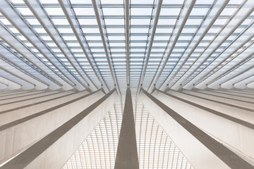 Symmetrical shot of an array of converging marble beams in a modern european trainstation