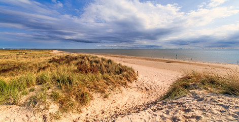 Wonderful dune beach landscape with path to the sea on the North Sea island Langeoog in Germany with sky and clouds on a beautiful summer day, Europe.