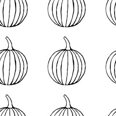 Vector seamless pattern with hand drawn outline pumpkins. Garden vegetable background. Template for fabric, wrapping paper, harvest festival or halloween decoration. Contour image