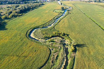 banks of a swampy river, aerial view