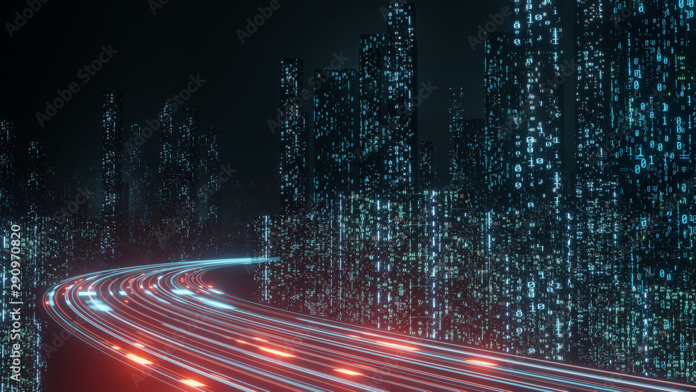 Poster 3D Rendering of abstract highway path through digital binary towers in city. Concept of big data, machine learning, artificial intelligence, hyper loop, virtual reality, high speed network. 