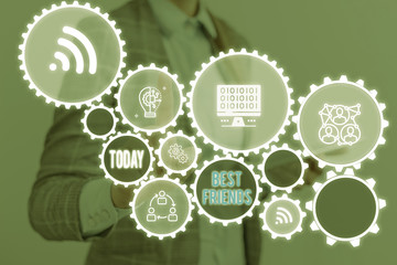 Writing note showing Best Friends. Business concept for A demonstrating you value above other demonstratings Forever buddies Woman wear formal work suit presenting presentation using smart device