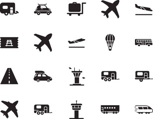 holiday vector icon set such as: arrive, landing, ticket, steel, bullet, stripe, fast, school, life, track, template, pass, cart, bus, sport, highway, airship, airways, delivery, hot, icons, silver