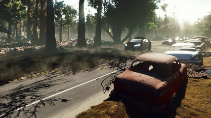 On an abandoned deserted road going police cars. On the roadside rusty abandoned cars and piles of technological rusty and dusty debris. The Concept Of The Apocalypse. 3D rendering © designprojects