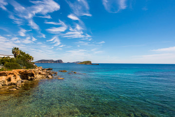 Es Canar Sea view with clear blue Mediterranean waters - Ibiza, Spain