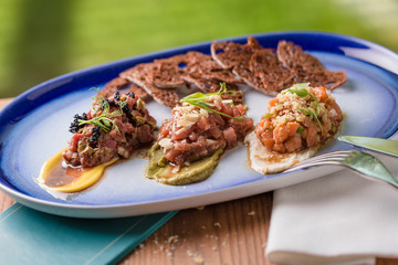 three different tartars on a blue plate