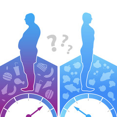 Diet and Weight Loss. Weight loss concept. Fat and thin man. The influence of diet on the weight of the person. Young man profile before and after diet and fitness.