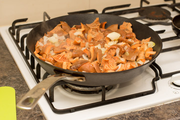 Fall season. Mushroom hunt. Saffron milk caps aka red pine mushrooms aka Lactarius deliciosus frying in a frying pan with brown onion.