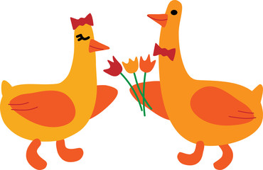 Couple birds with flowers in flat style. Vector illustration for greeting card, flyer, icons.