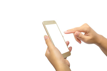 close-up of hands Woman holding smartphone with blank screen on white background, Space for text