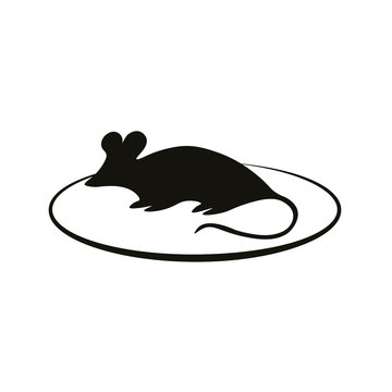 Silhouette of a mouse on a plate in black on a white background.Symbol, sign, icon.