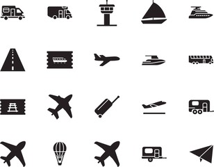 holiday vector icon set such as: sailboat, coach, off, price, path, silver, stripe, controller, speed, school, asphalt, passenger, sea, suitcase, drive, departures, map, art, ship, origami, minimal