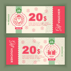 Naklejka premium Christmas Vector coupon Voucher with Santa Claus.Twenty dollars