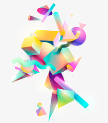 Abstract background of 3D primitive geometric shapes. Colorful design.	