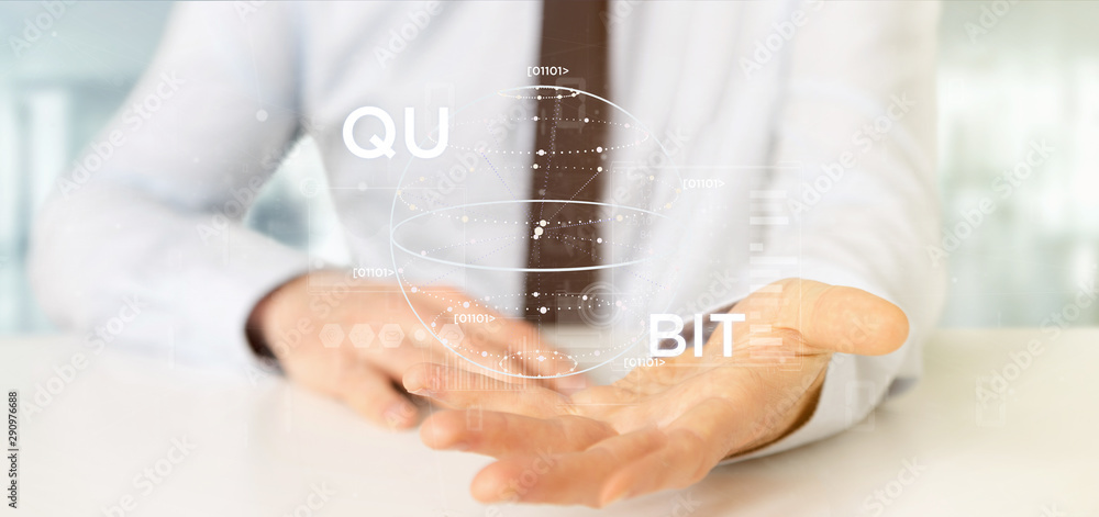Poster businessman holding quantum computing concept with qubit icon 3d rendering