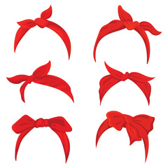 Set retro headband for woman. Collection of red bandanas for hairstyles. Windy hair dressing illustration.