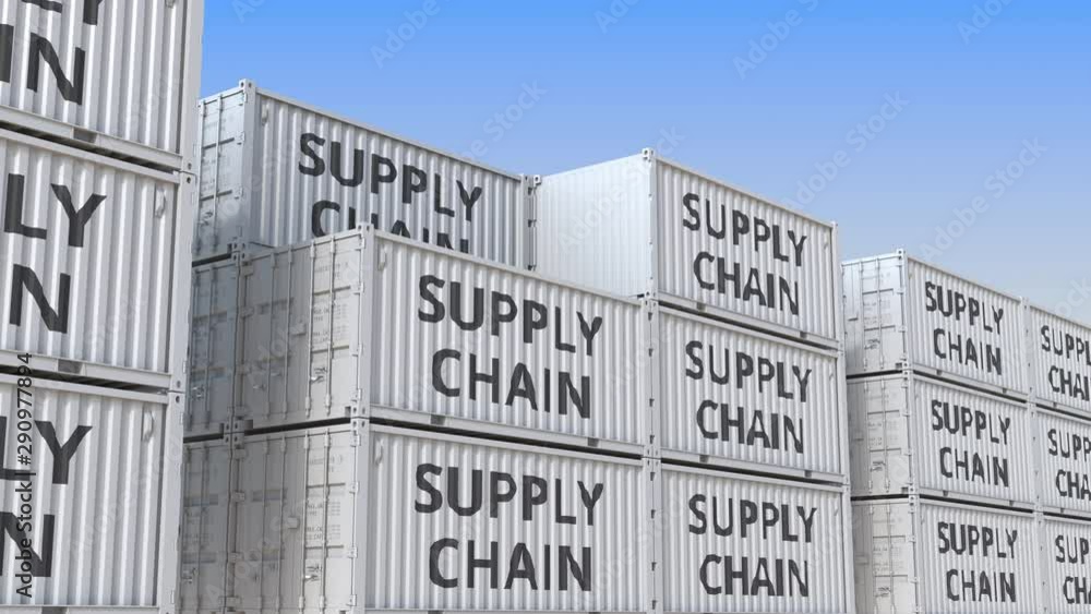 Poster containers with supply chain text, loopable 3d animation