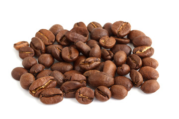 closeup of coffee beans isolated on white background.