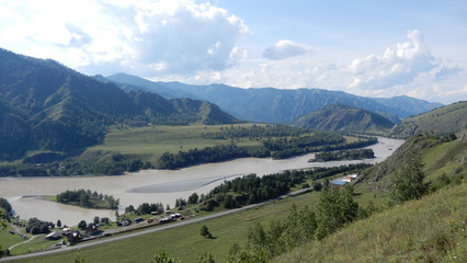 view of the Katun river from the Tolgoek plateau in the Altai mountains