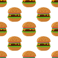 Seamless pattern. A vector image of a hamburger or cheeseburger. Illustration for decoration of restaurant menu, wrapping paper. Printing on textiles. Flat style.