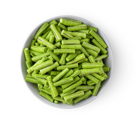 Long bean or cowpea in white bowl isolated on white background. top view