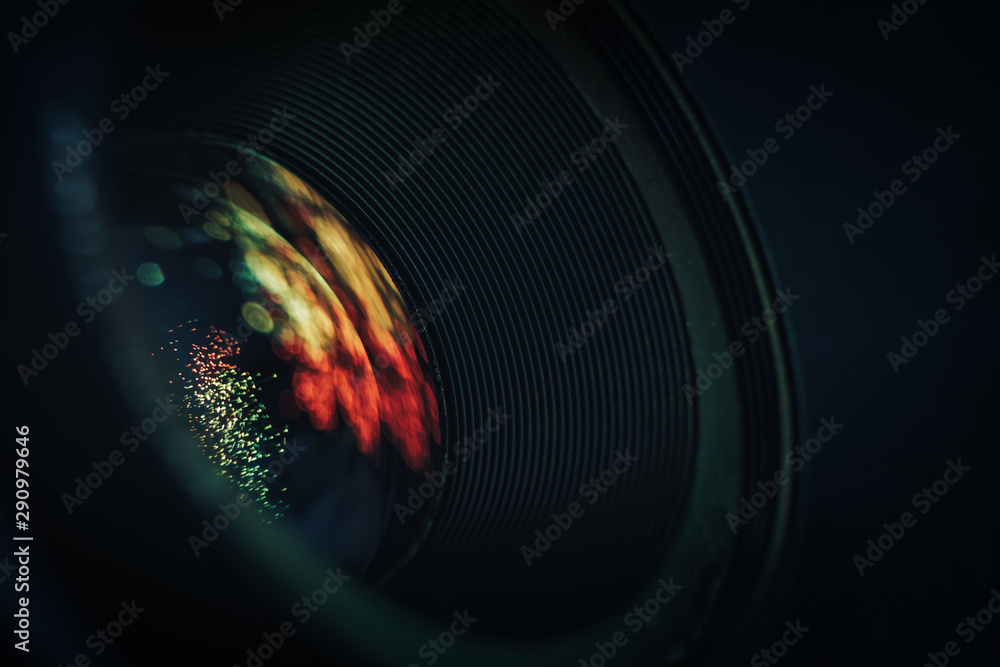 Aufkleber beautiful camera aperture lens with multi colored shine glass reflection. macro view.