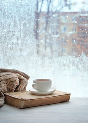 tea cup, book and sweater on background of winter window. concept of home comfort in cold snowy weather. copy space. shallow depth. close up. soft selective focus