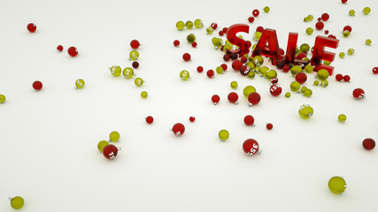 Three-dimensional word sale and Christmas balls with numbers of discounts. Christmas sale concept. 3d rendering illustration.