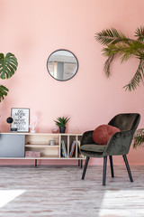 Minimalistic and luxury pastel pink home interior with green velvet design armchair, plants and...