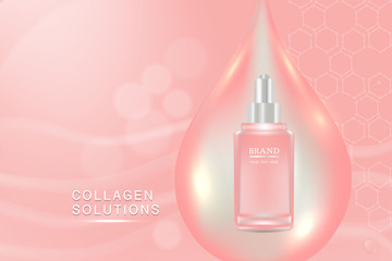Beauty product ad design, pink cosmetic container with collagen solution advertising background ready to use, luxury skin care banner, illustration vector.	