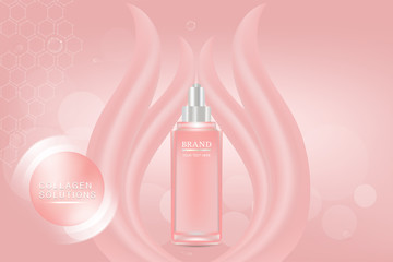 Beauty product ad design, pink cosmetic container with collagen solution advertising background ready to use, luxury skin care banner, illustration vector.	