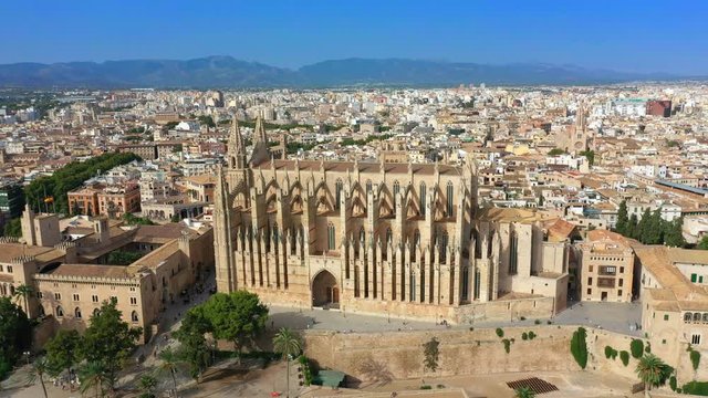 Aerial drone video footage Famous Cathedral La Seu in Palma de Mallorca Spain