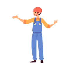 Cartoon warehouse worker in blue uniform gesturing with his hand