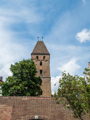 Fototapeta na wymiar Ulm, Germany - Jul, 20th 2019:The butcher's tower (Metzgerturm) in Ulm is still a preserved city ​​gate of the medieval town fortification on the Danube