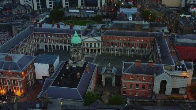 Aerial of watch tower in Dublin Castle at blue hour. DOLLY RIGHT