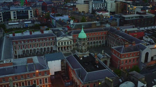 Aerial of Dublin Castle and watch tower at blue hour. DOLLY RIGHT
