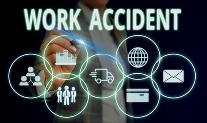 Handwriting text Work Accident. Conceptual photo Mistake Injury happened in the job place Getting hurt Woman wear formal work suit presenting presentation using smart device