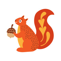 Cute squirrel holding acorn. Cartoon vector illustration isolated on white.