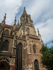 Ulm, Germany - Jul, 20th 2019: Ulm Minster is a Lutheran church located in Ulm, State of Baden-Wuerttemberg, with a steeple measuring 161.5 meters