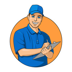 Smiling delivery man accepts the order for delivery. Vector illustration on white background